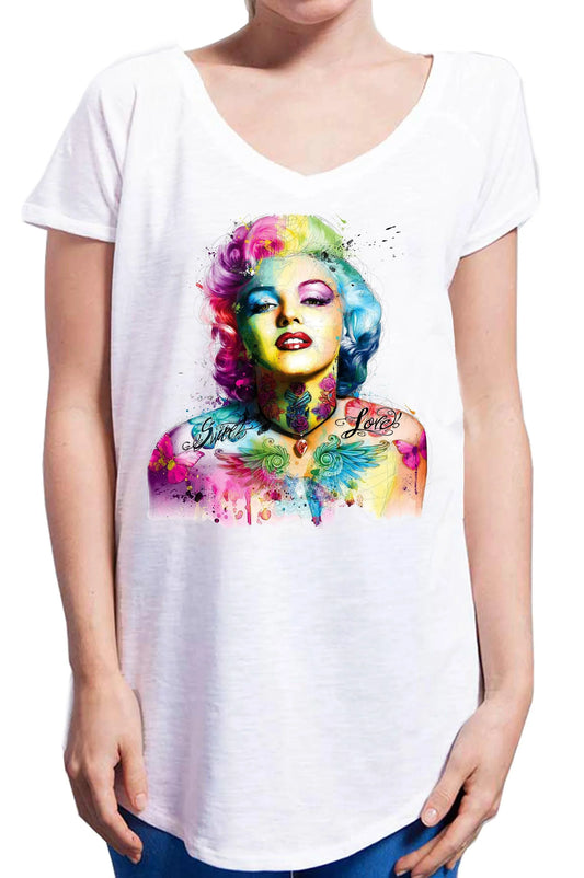 T-shirt donna bianca streetwear con stampa stilizzata colorata di icona pop art urban