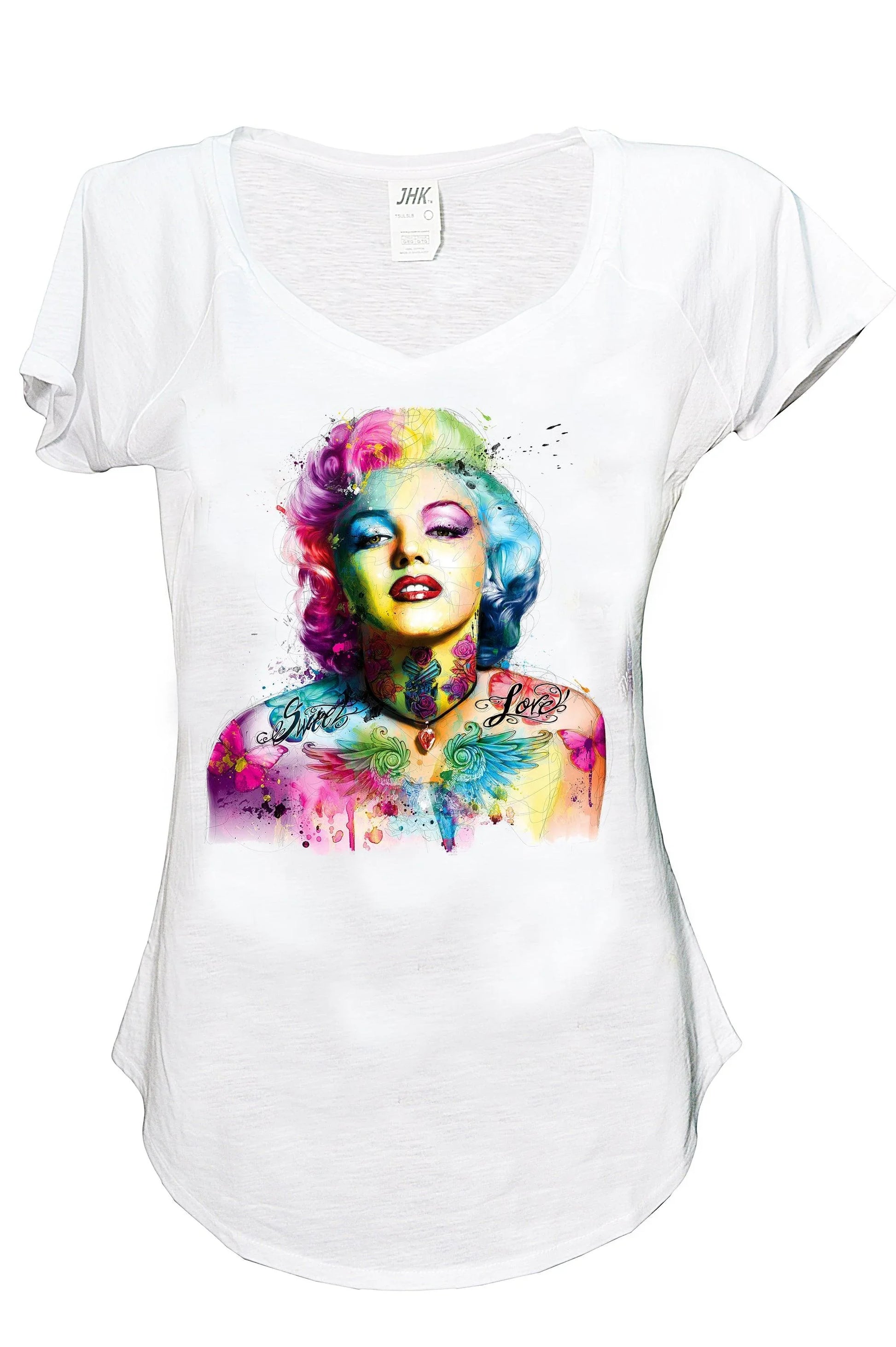 T-shirt bianca streetwear donna con stampa stilizzata colorata di icona pop urban