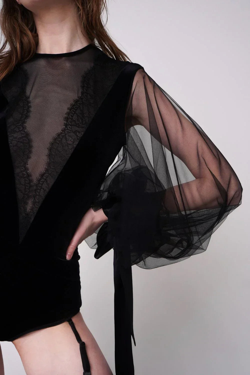 Amoralle Miracle Bodysuit for Women – Stretch Velvet Bodysuit with Sheer Puffed Tulle Sleeves, Lace Deep V-Neckline, Adjustable Straps & Silk Ribbon Details - STREET STYLE