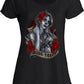 T-shirt donna streetwear nera con stampa teschio tattoo Miss Roses, stile urban e rose rosse