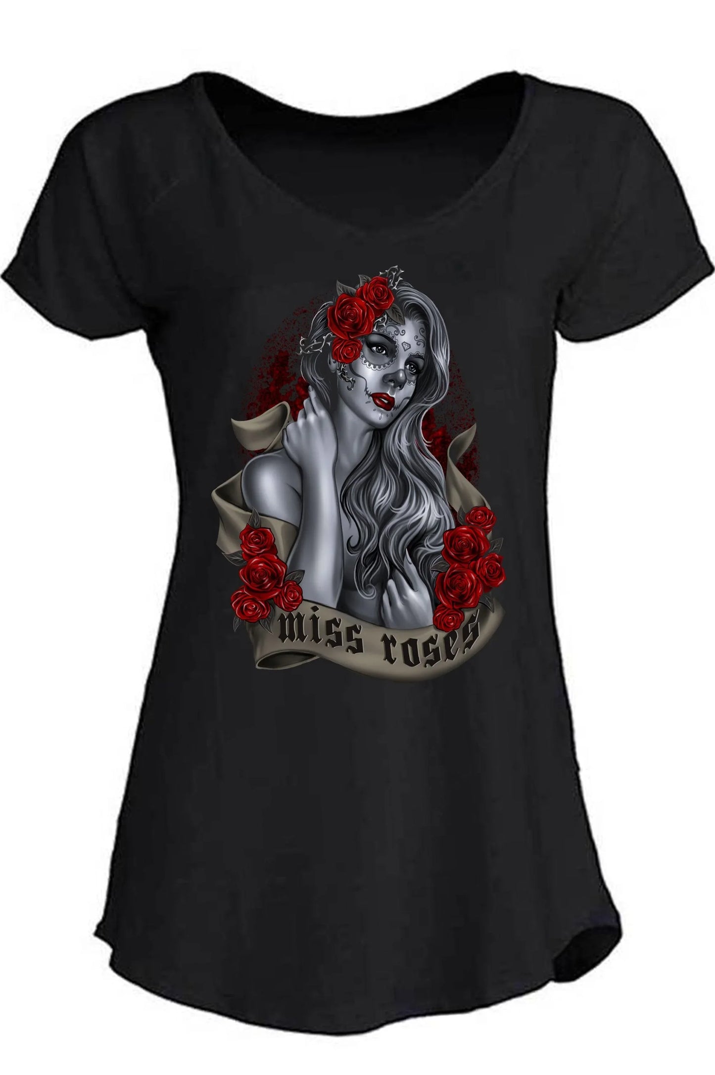 T-shirt donna streetwear nera con stampa teschio tattoo Miss Roses, stile urban e rose rosse