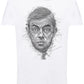 T-shirt streetwear uomo bianca in cotone con grafica artistica di volto stilizzato, stile urban