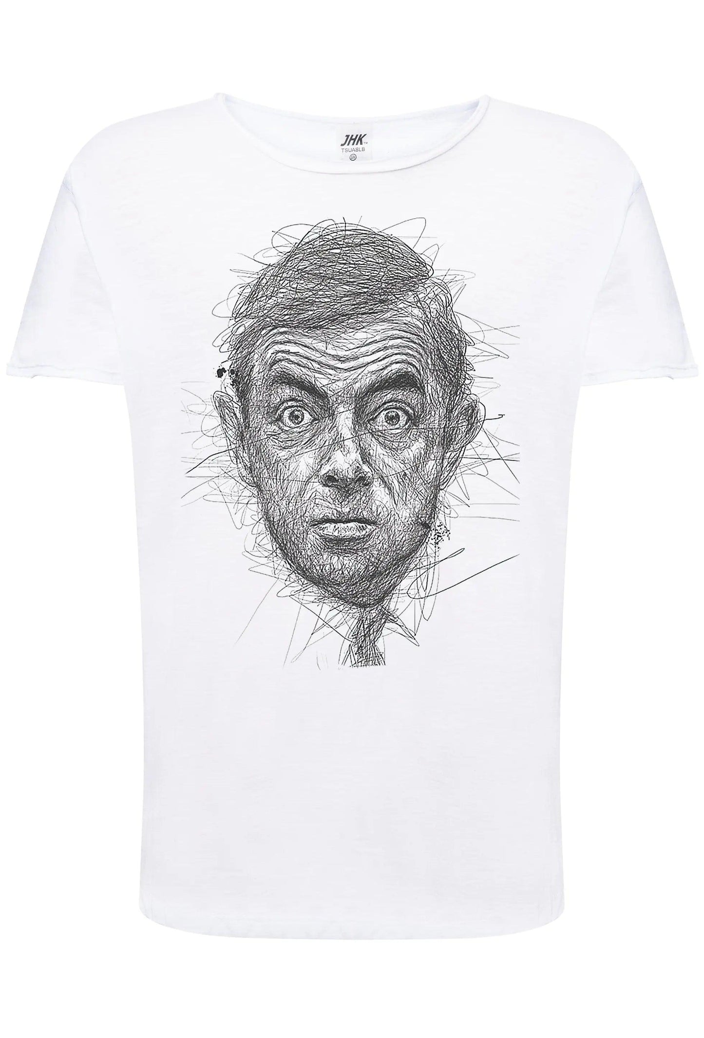 T-shirt streetwear uomo bianca in cotone con grafica artistica di volto stilizzato, stile urban