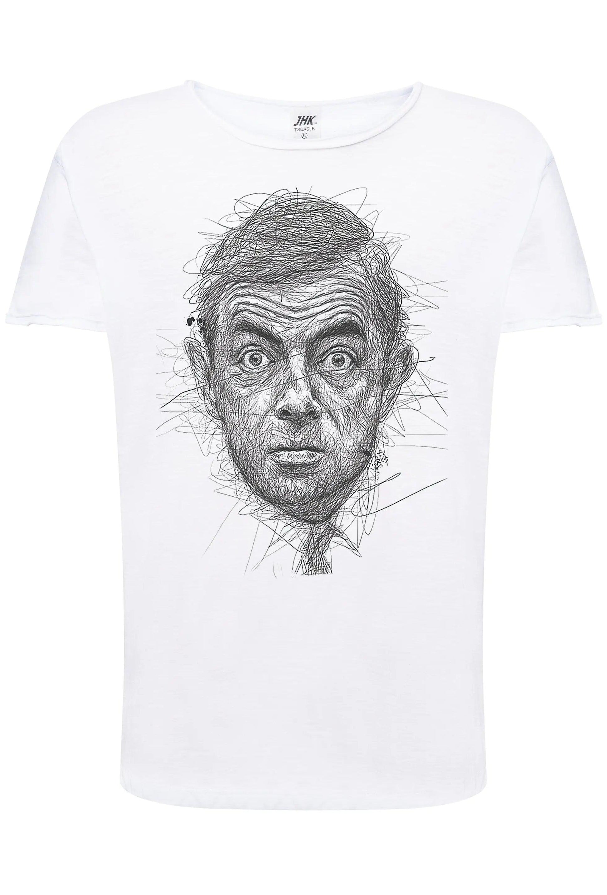 T-shirt streetwear uomo bianca in cotone con grafica artistica di volto stilizzato, stile urban