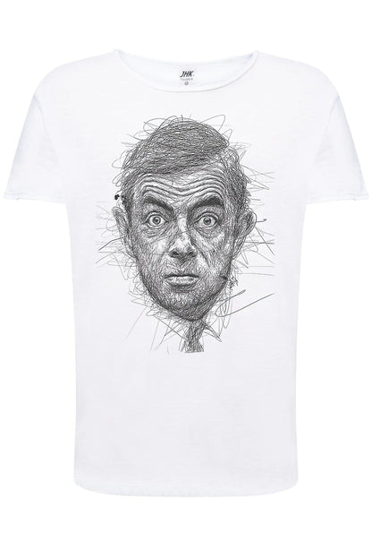 T-shirt uomo bianca in cotone fiammato con stampa streetwear ritratto stilizzato, stile urban