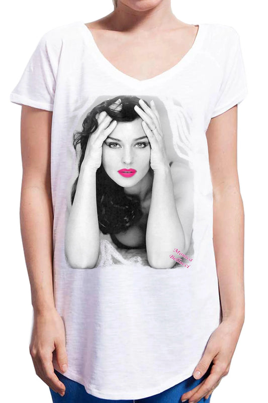 T-shirt bianca donna streetwear con stampa icona urbana in bianco e nero e labbra fucsia