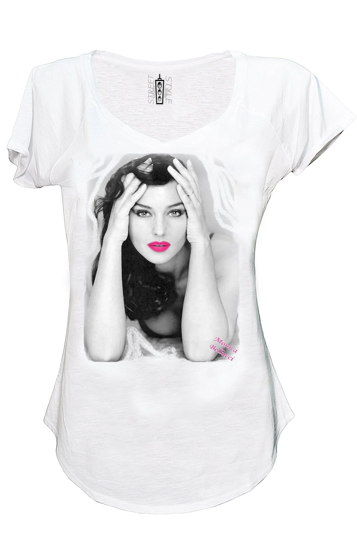 T-shirt bianca streetwear donna con stampa urban lady in bianco e nero e dettagli rosa