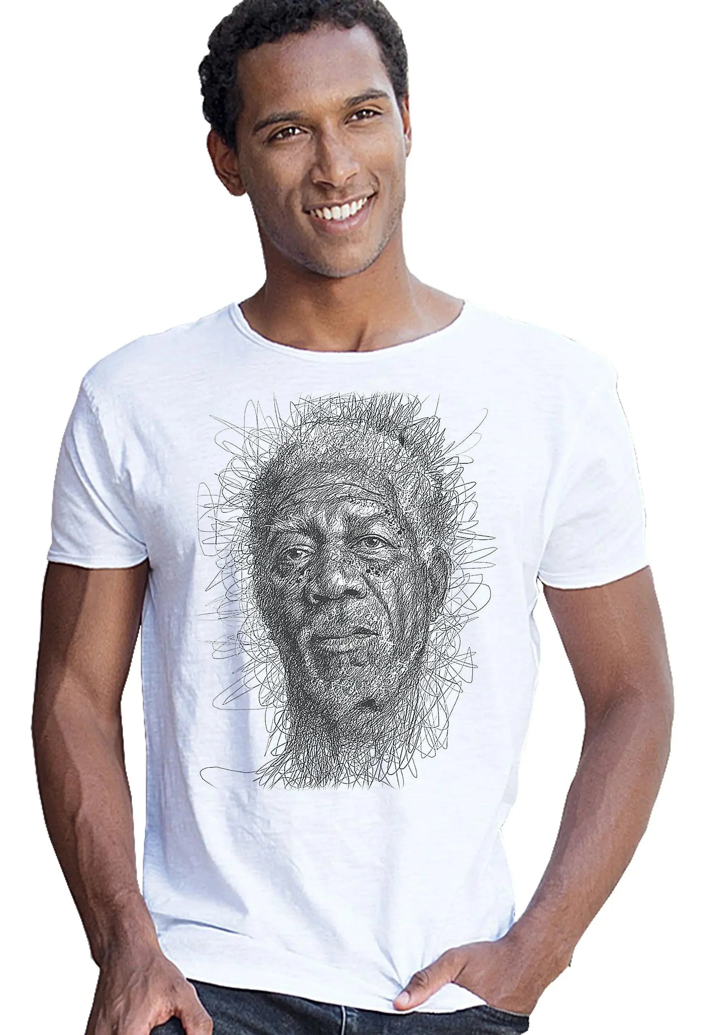 Uomo con t-shirt bianca streetwear in cotone con illustrazione artistica di volto, stile urban.