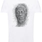 T-shirt bianca streetwear con grafica artistica volto maschile, stile urban, cotone fiammato