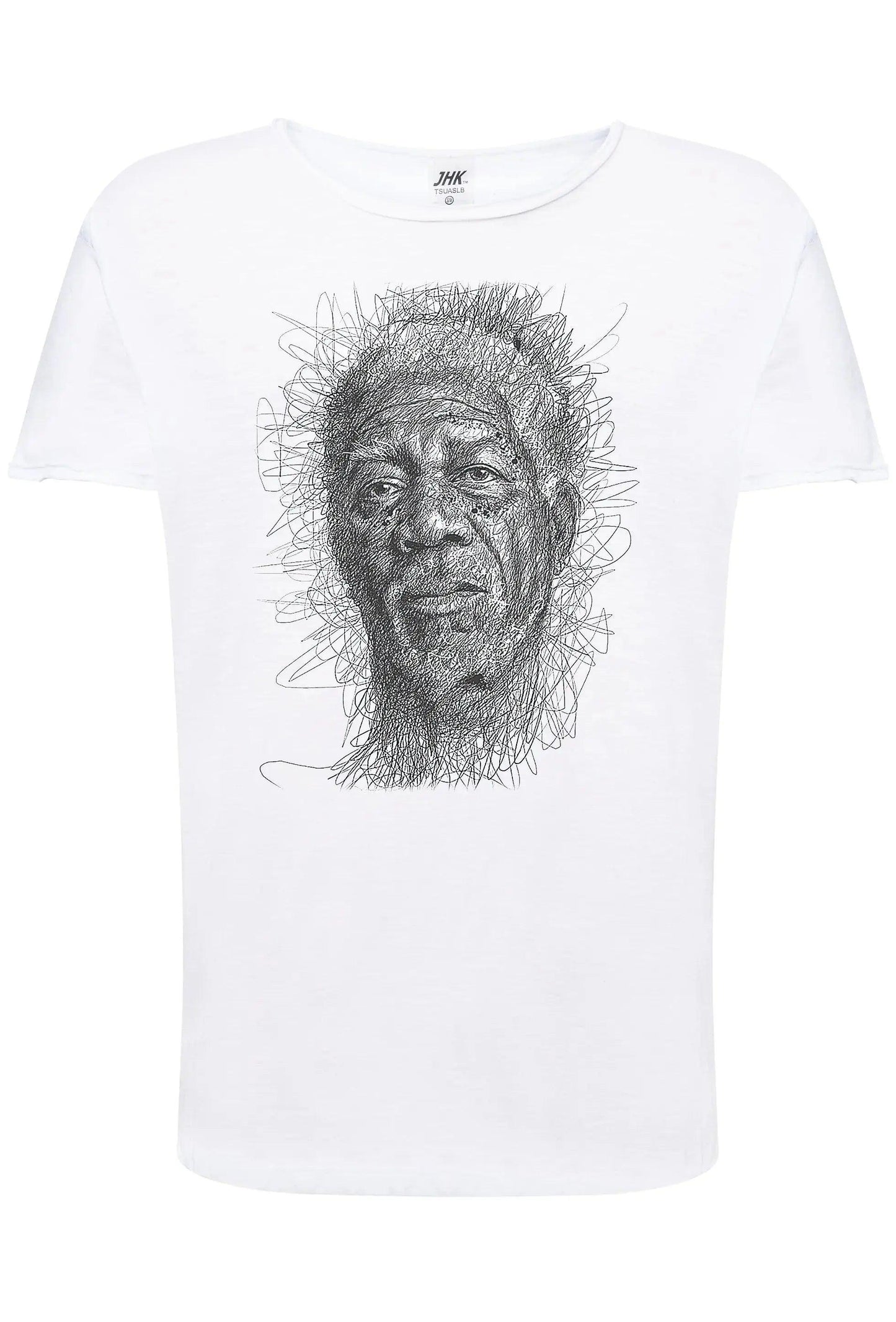 T-shirt bianca streetwear con grafica artistica volto maschile, stile urban, cotone fiammato