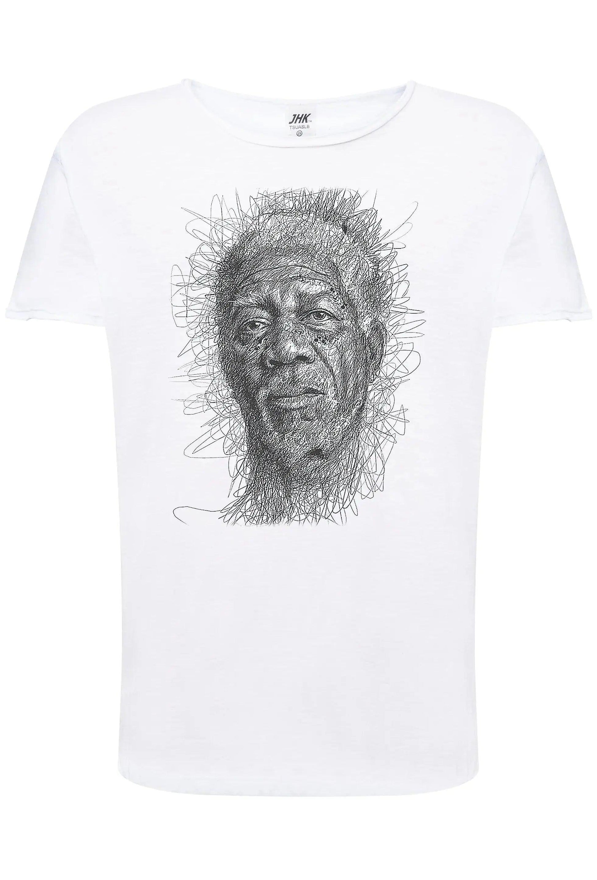 T-shirt bianca streetwear con grafica artistica volto maschile, stile urban, cotone fiammato