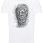 T-shirt bianca streetwear uomo con ritratto artistico disegnato a linee, stile urban