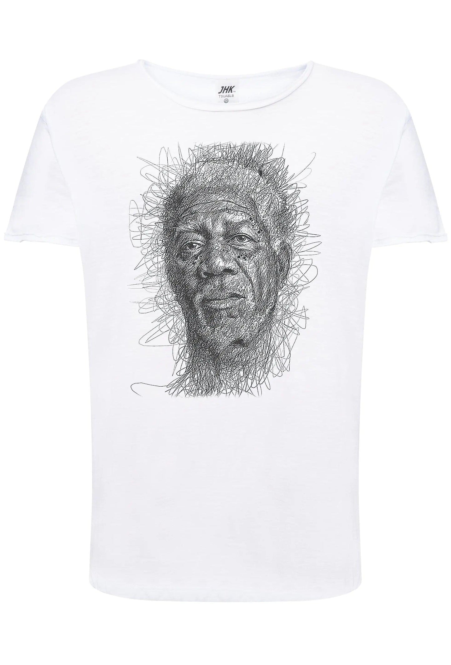 T-shirt bianca streetwear uomo con ritratto artistico disegnato a linee, stile urban