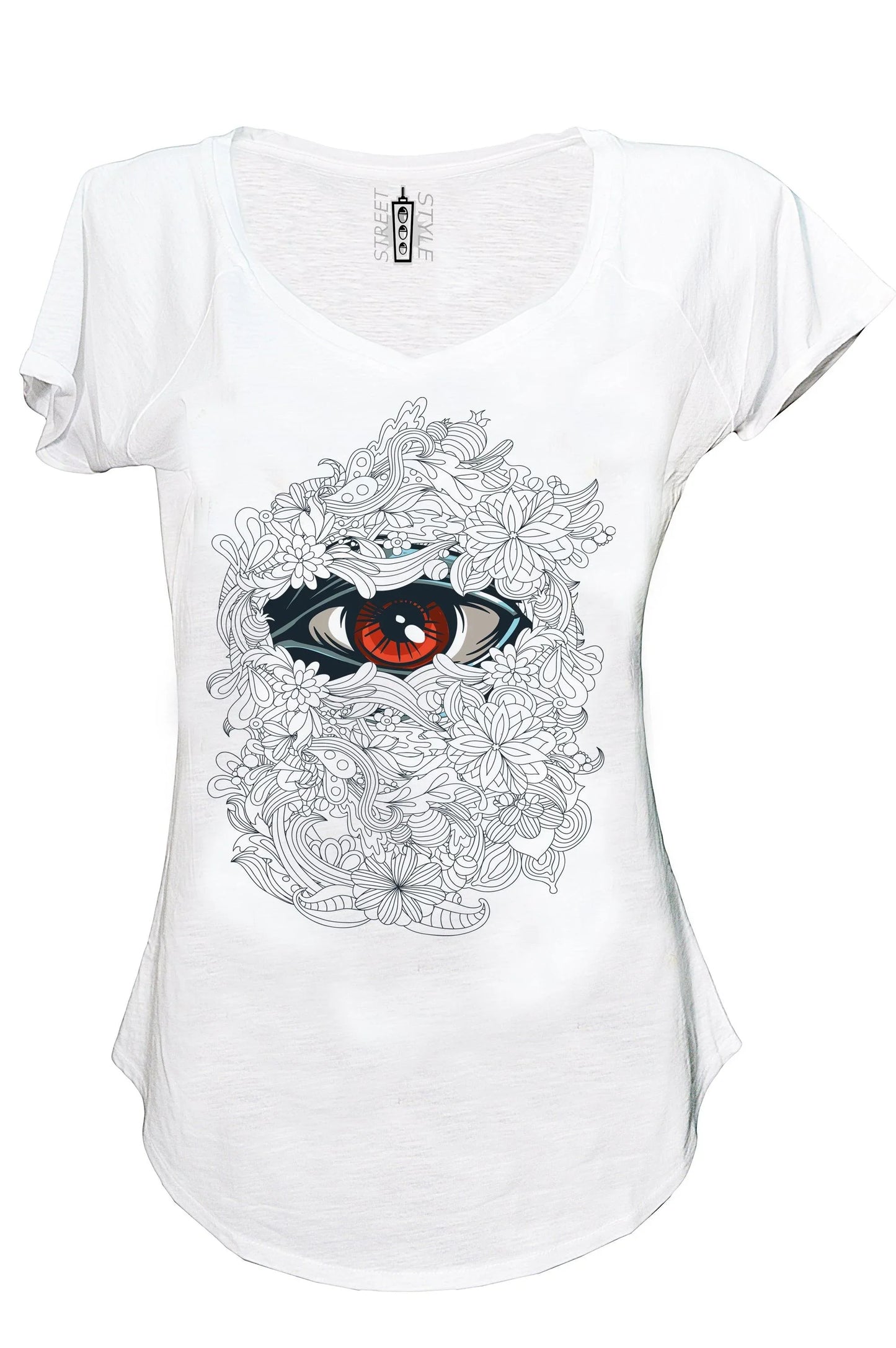 T-shirt donna bianca streetwear con occhio stilizzato rosso e decorazioni floreali, stile urban