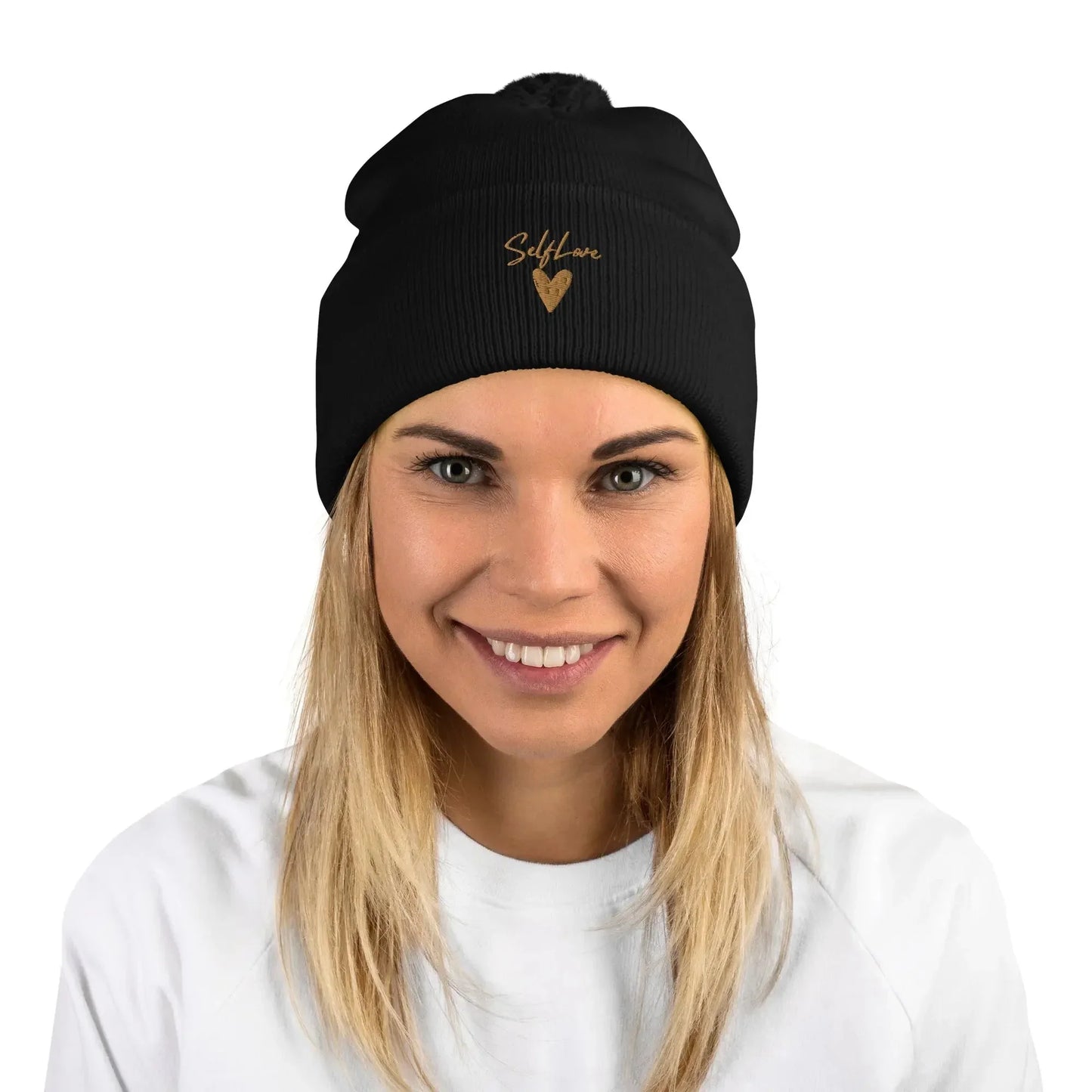 Self Love Pom-Pom Beanie - Women's Beanie with Embroidery - STREET STYLE