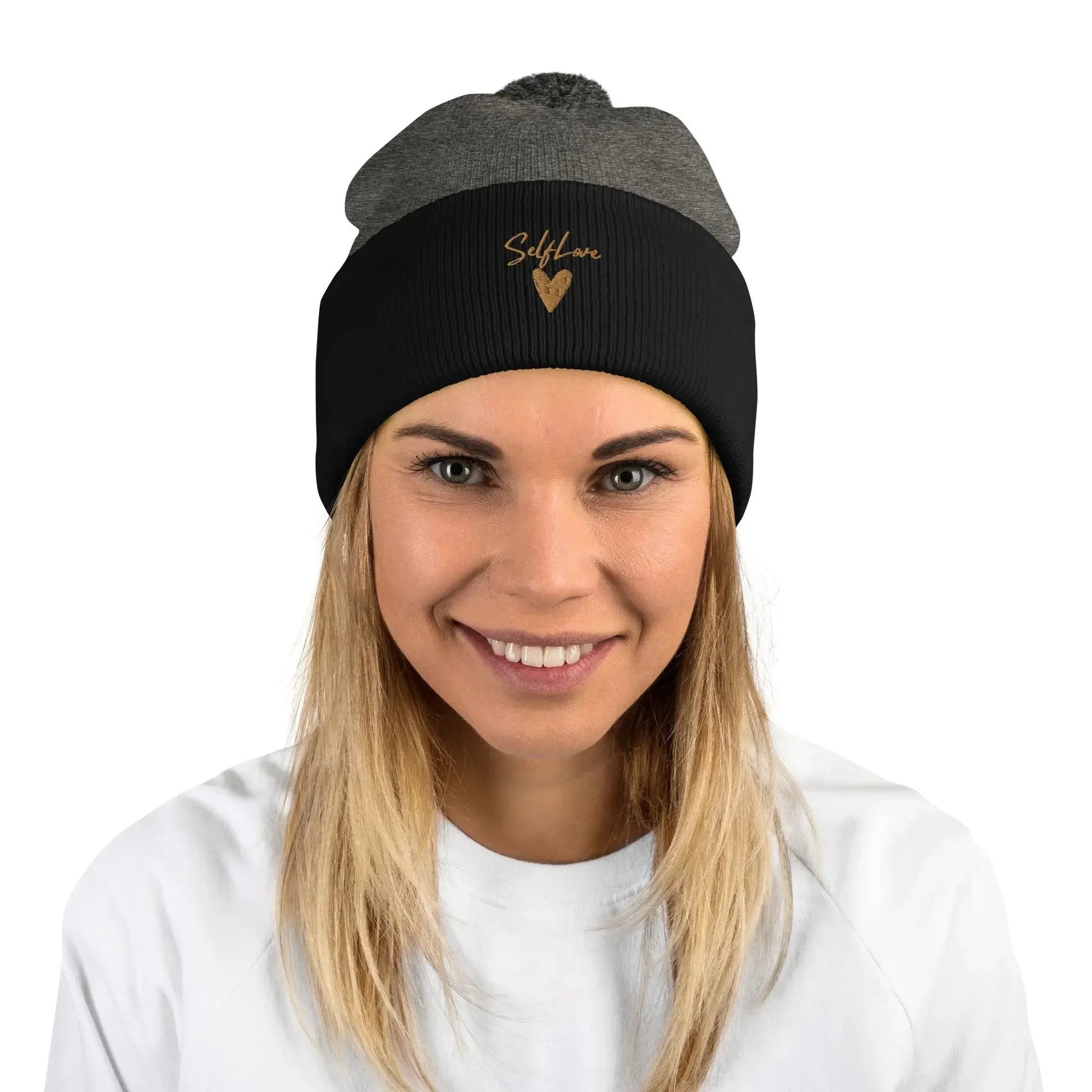 Self Love Pom-Pom Beanie - Women's Beanie with Embroidery - STREET STYLE