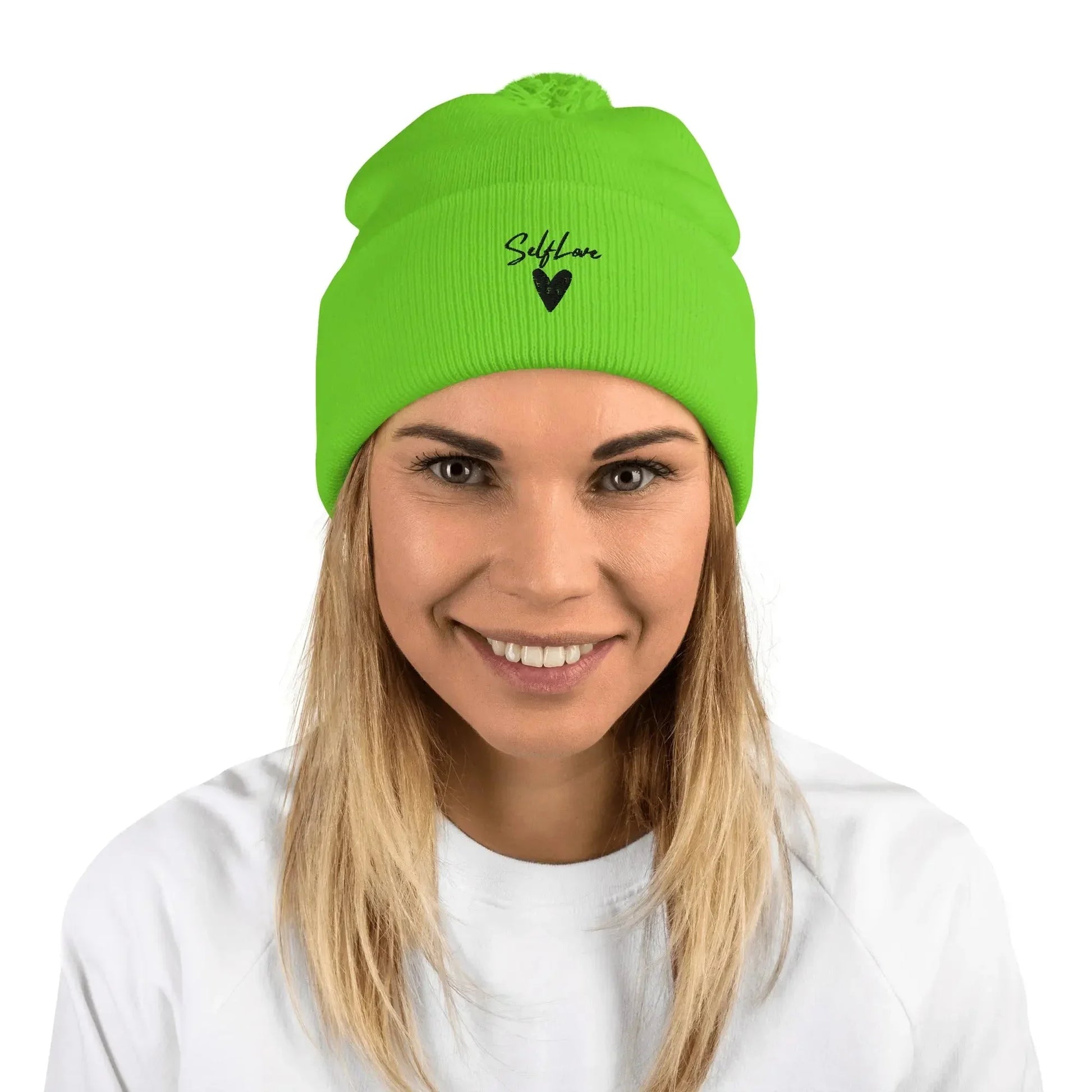 Self Love Pom-Pom Beanie - Women's Beanie with Embroidery - STREET STYLE