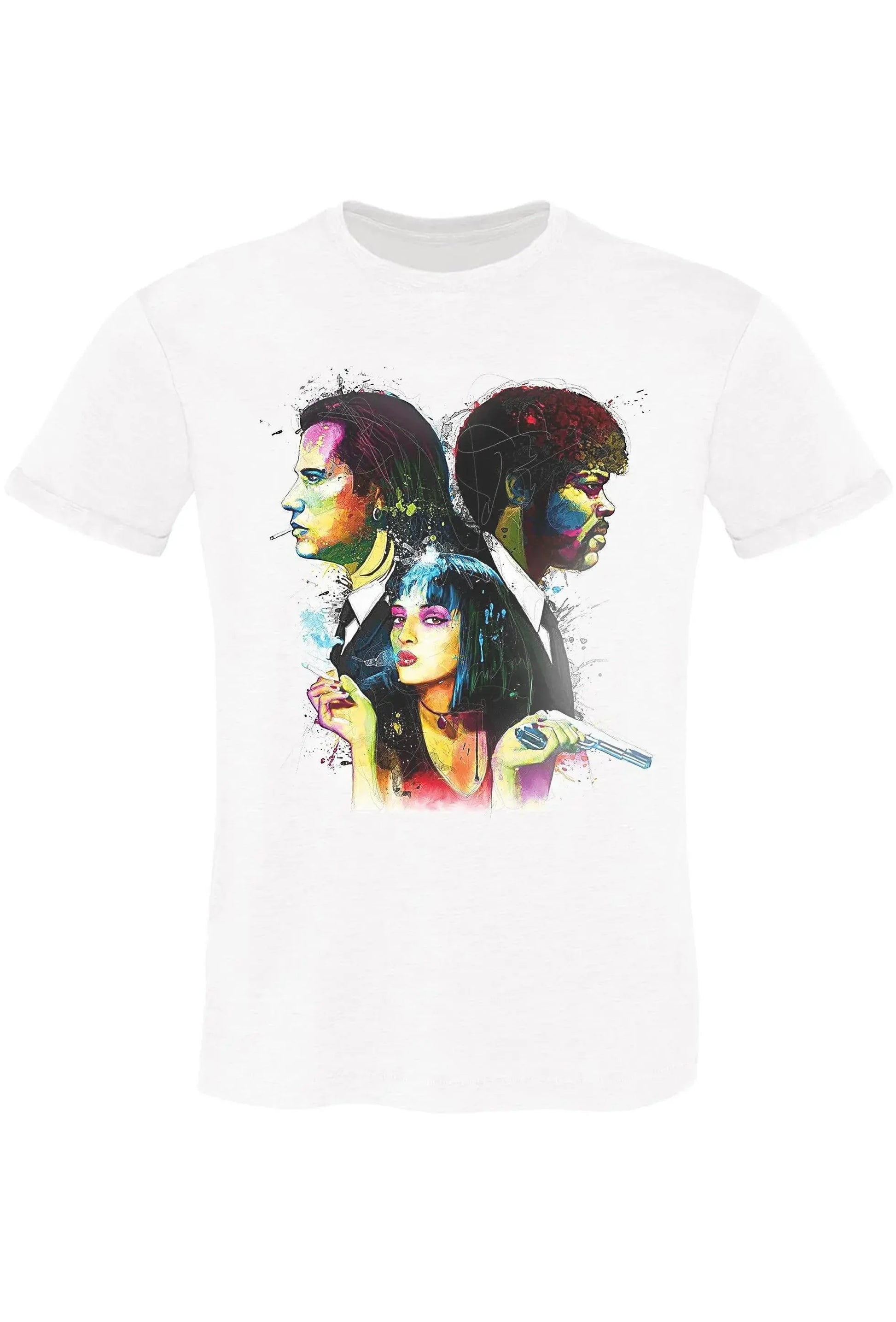 T-shirt streetwear bianca con stampa colorata di tre volti in stile pop art, moda urban.