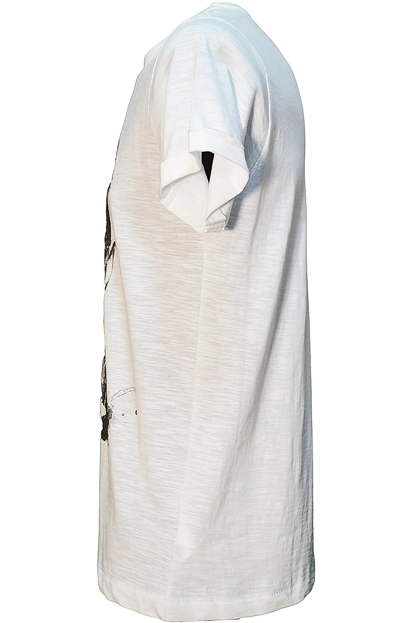 T-shirt bianca uomo street style in cotone fiammato vista laterale, moda urban