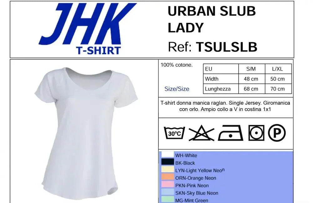 Maglietta donna bianca JHK Urban Slub, stile streetwear con colletto a V, cotone, taglie S/M L/XL.