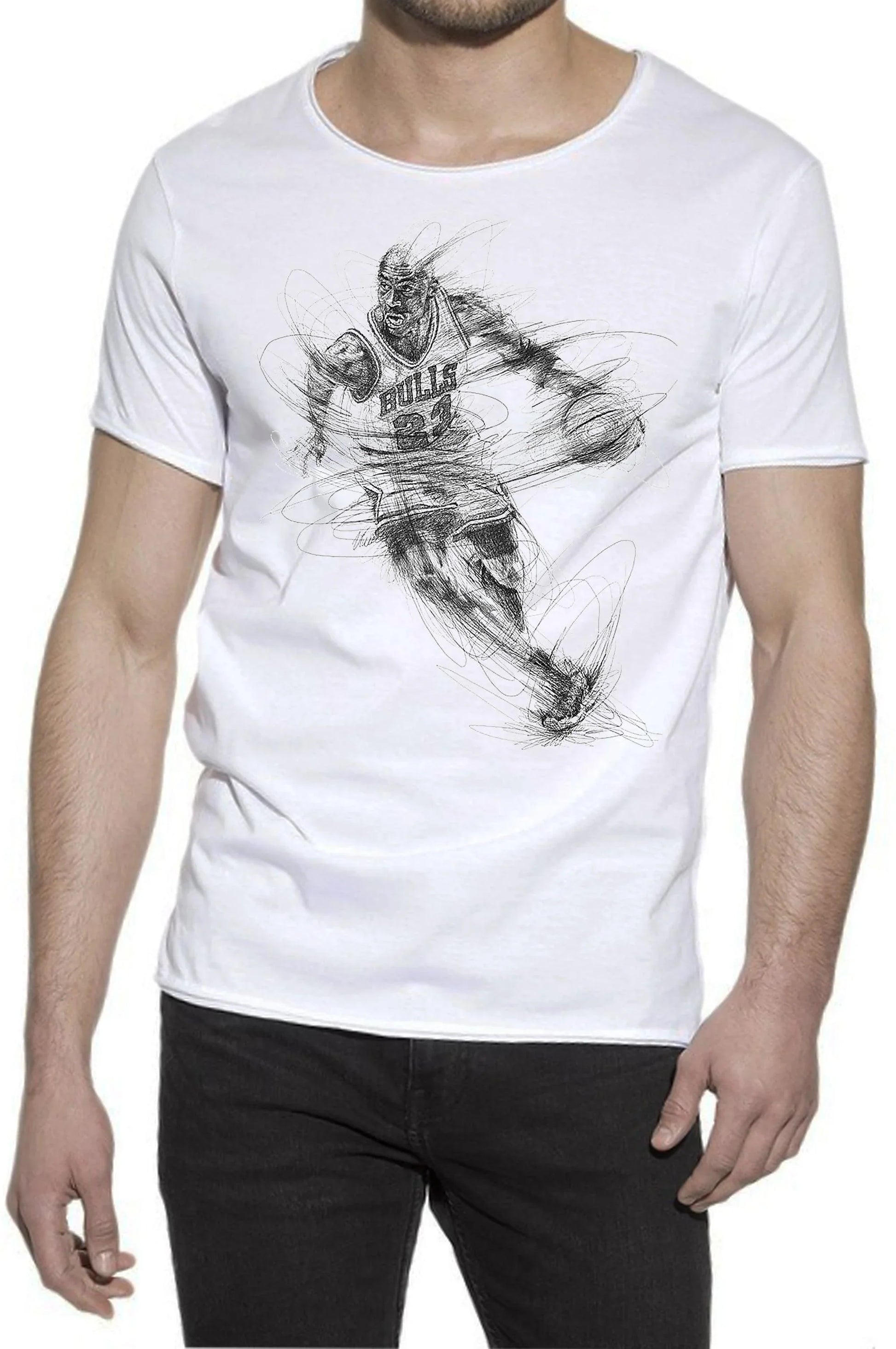 T-shirt streetwear bianca uomo con grafica cestista Bulls, stile urban, cotone fiammato