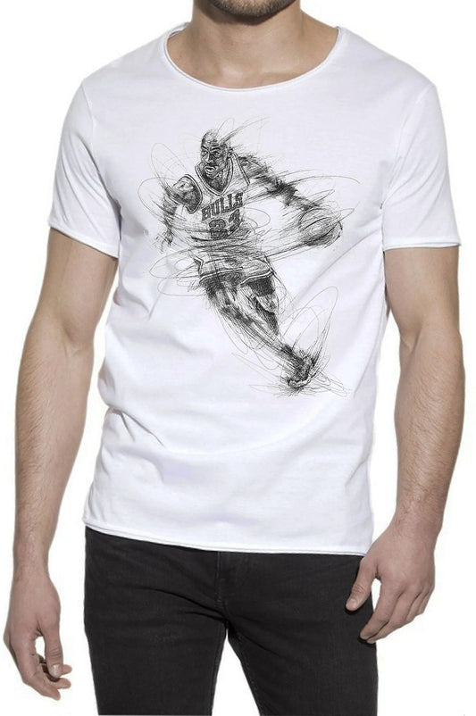 T-shirt streetwear bianca uomo con grafica cestista Bulls, stile urban, cotone fiammato