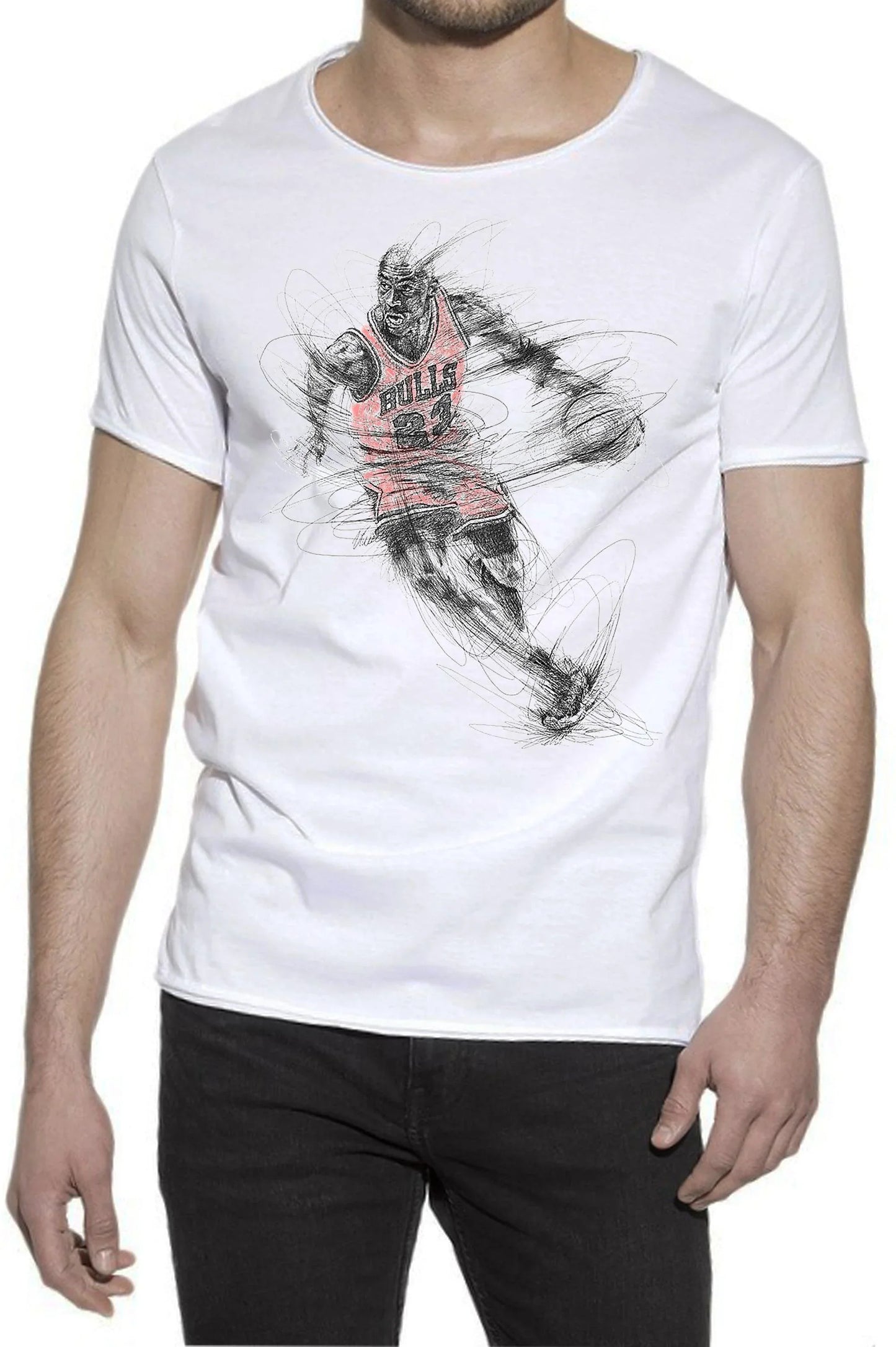 T-shirt streetwear uomo bianca con stampa stilizzata basket, stile urban, 100% cotone.