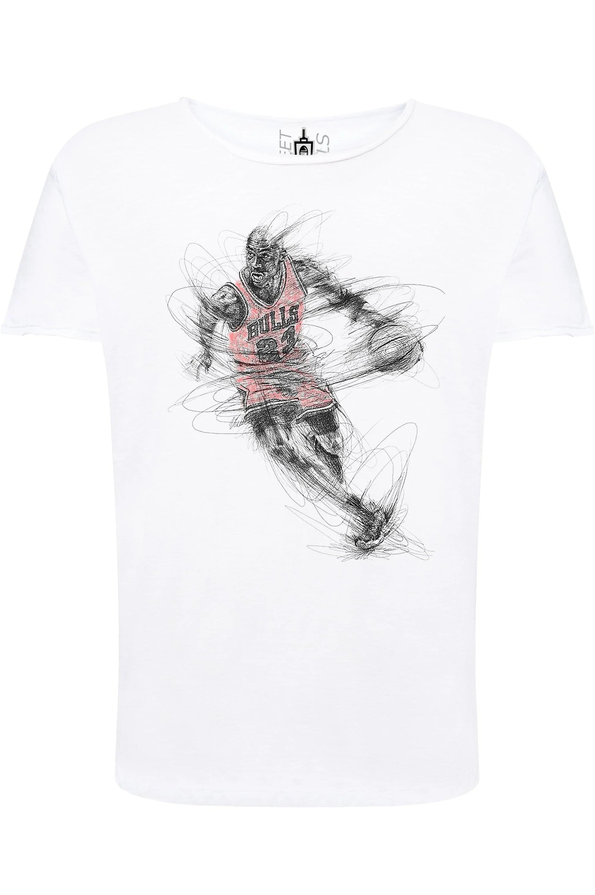 T-shirt uomo bianca streetwear con stampa disegnata a mano di giocatore basket Bulls
