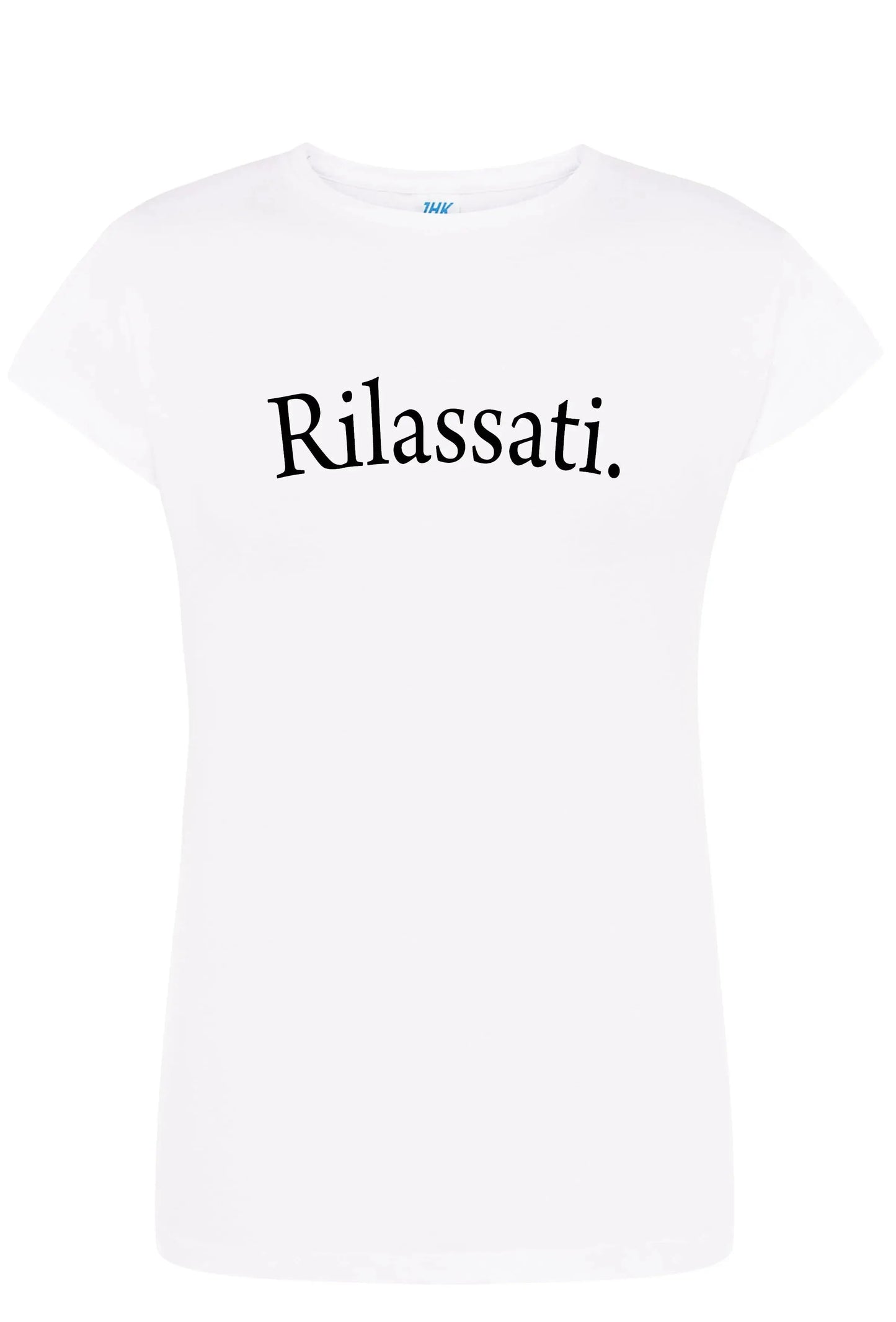 T-shirt donna bianca street style in cotone con scritta Rilassati.