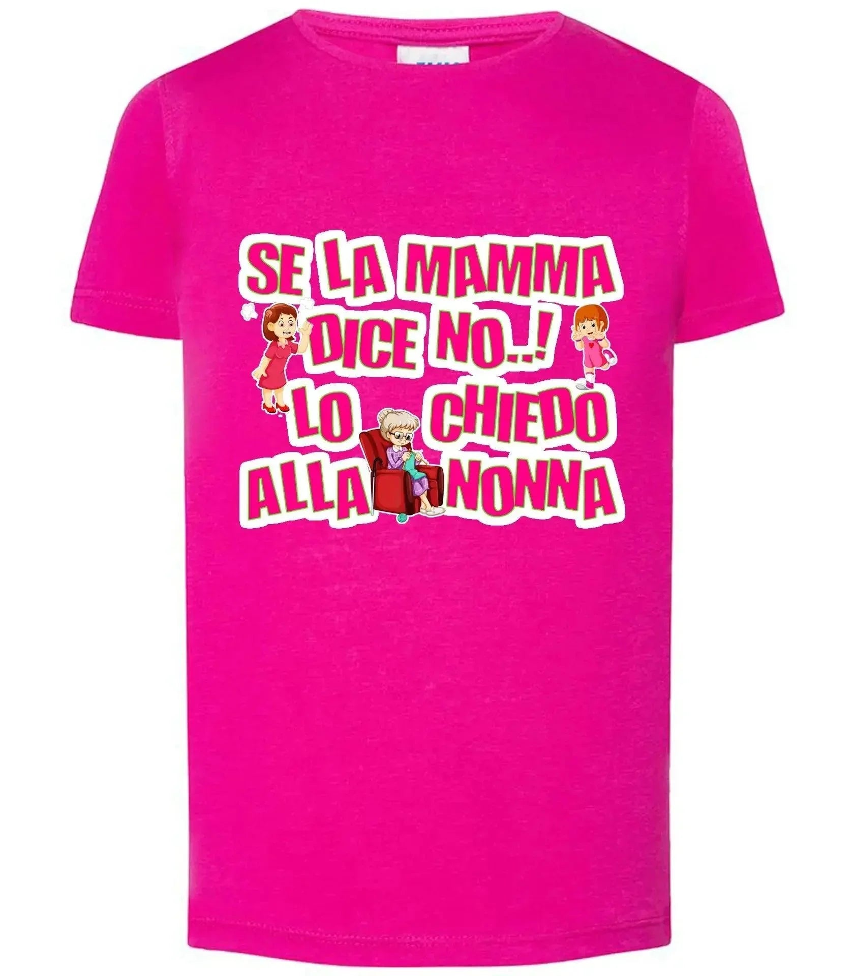 T-shirt streetwear fucsia da bambina con scritta divertente e disegni mamma e nonna