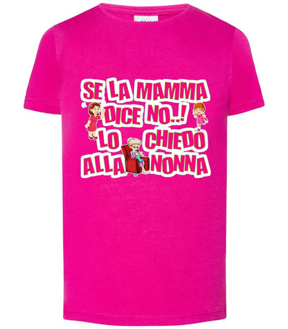 T-shirt streetwear fucsia da bambina con scritta divertente e disegni mamma e nonna