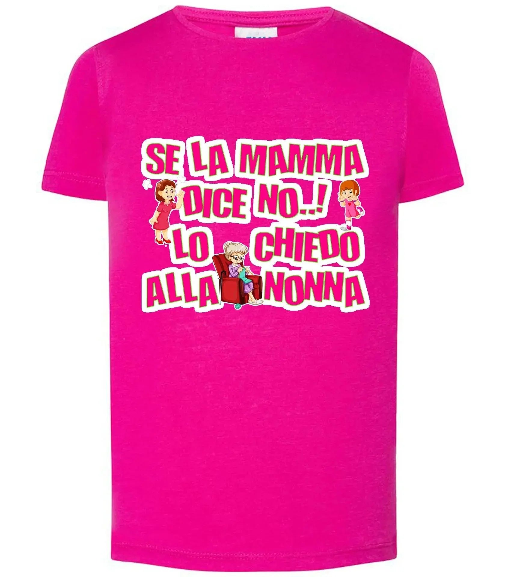 T-shirt rosa streetwear ragazza con scritta 'Se la mamma dice no, lo chiedo alla nonna' e grafiche