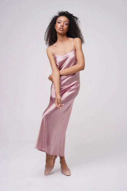 Amoralle Silk Light Elysian Maxi Slip Dress for Women – Pure Silk Bias-Cut Long Slip with Lace Details and Adjustable Straps, Elegant Evening & Luxury Lounge Dress - STREET STYLE