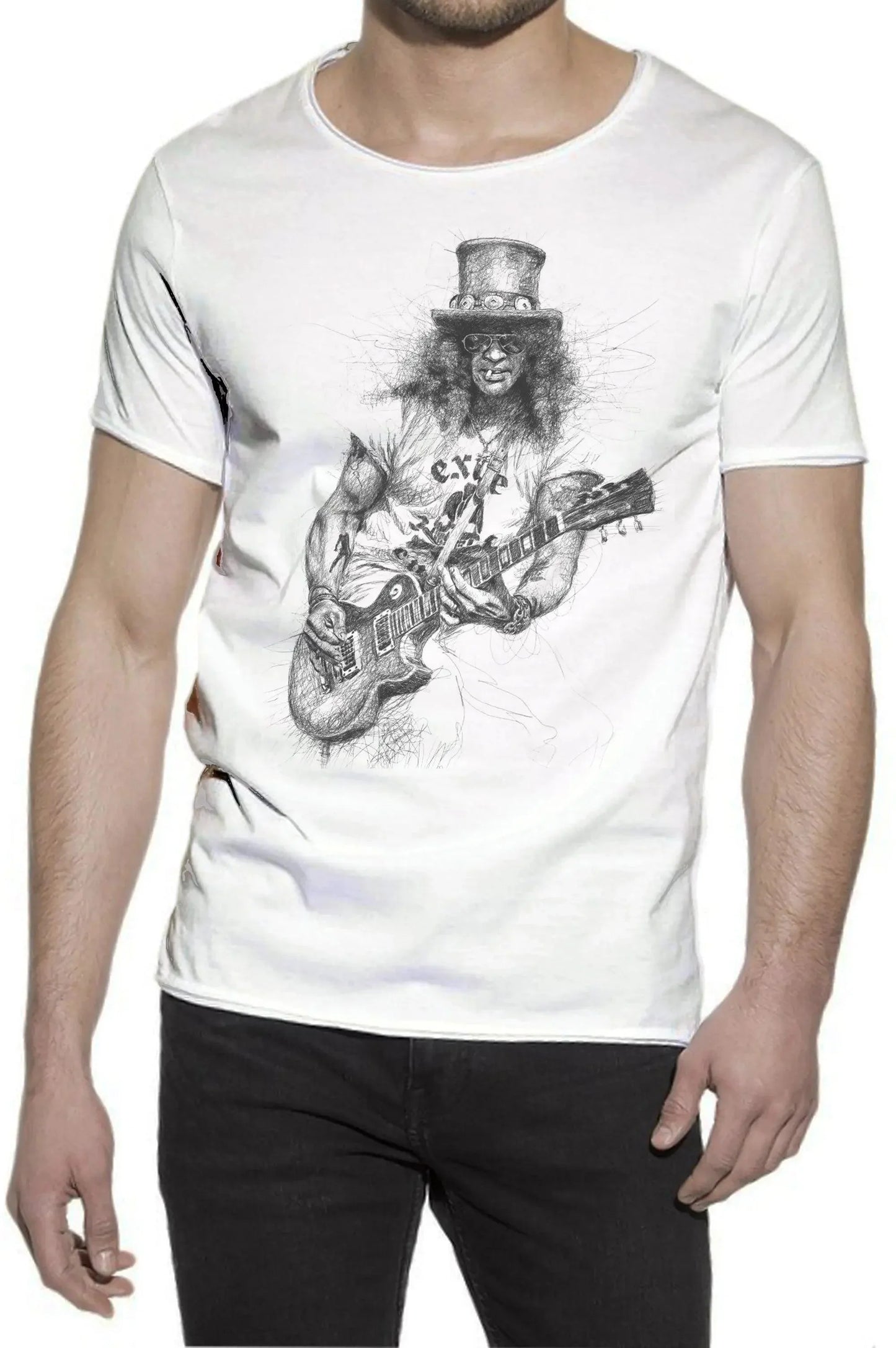 T-shirt streetwear uomo bianca in cotone, stampa artista con chitarra, stile urban