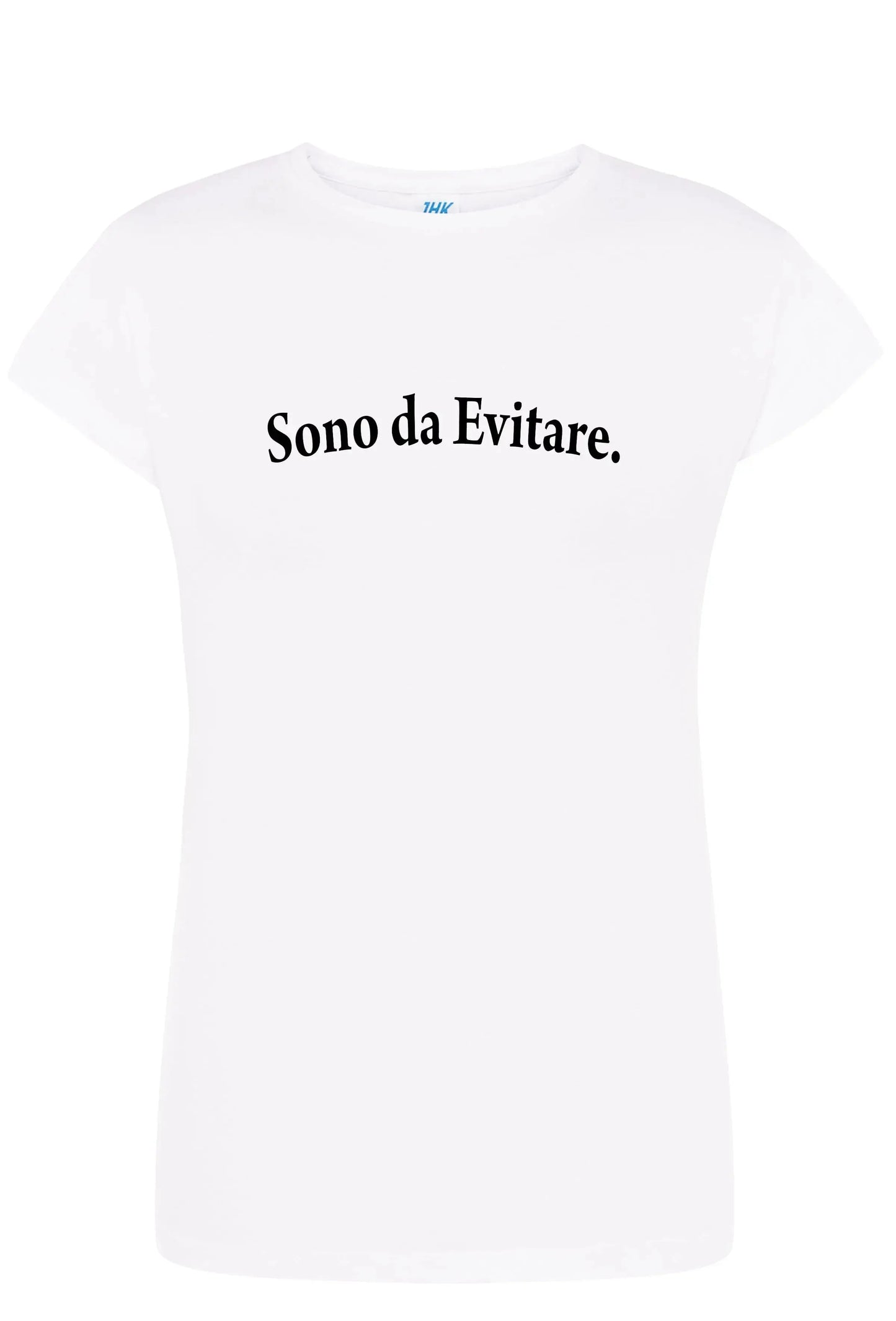 T-shirt donna bianca streetwear in cotone con scritta Sono da Evitare, stile urbano Street Style.
