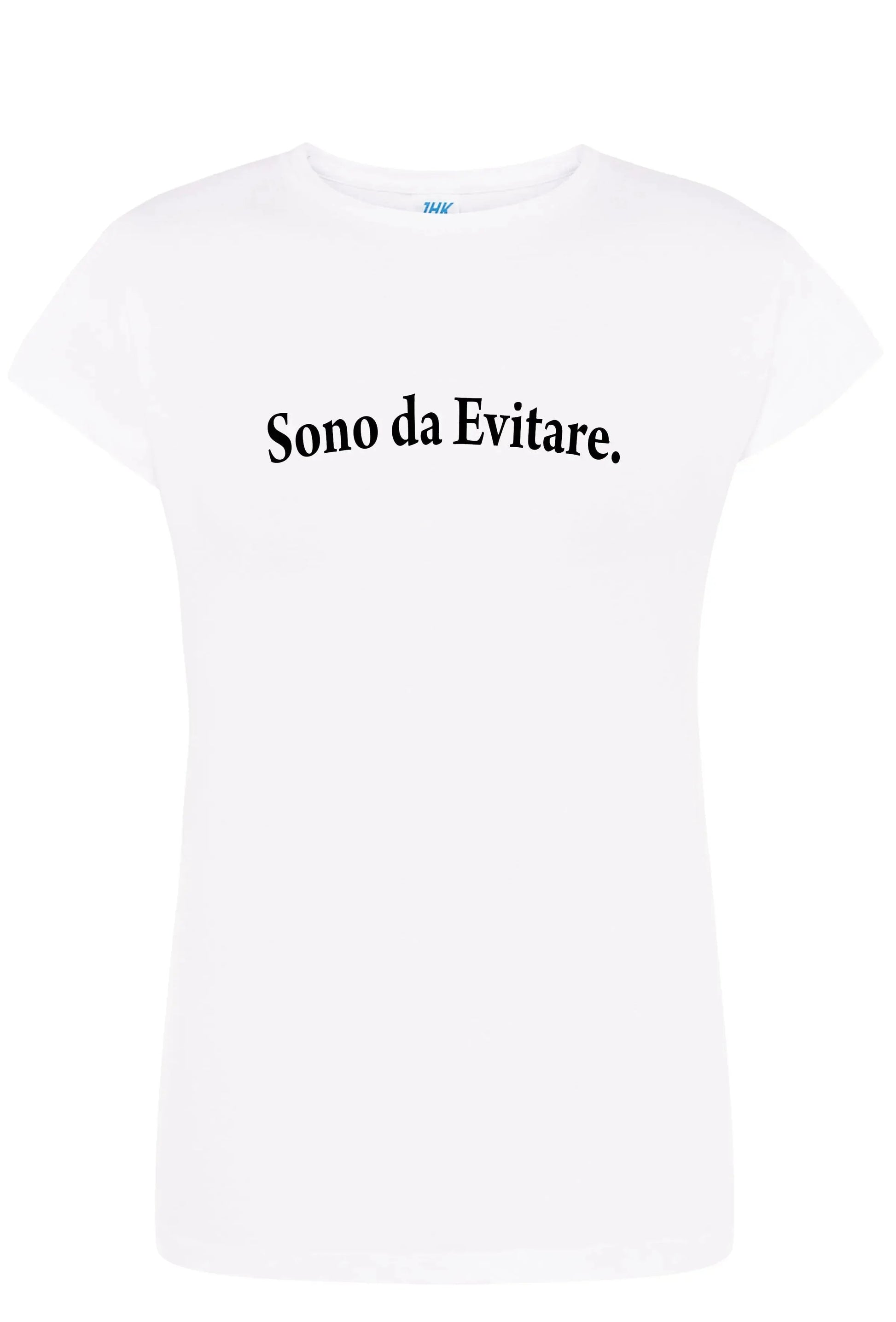 T-shirt donna bianca streetwear in cotone con scritta Sono da Evitare, stile urbano Street Style.
