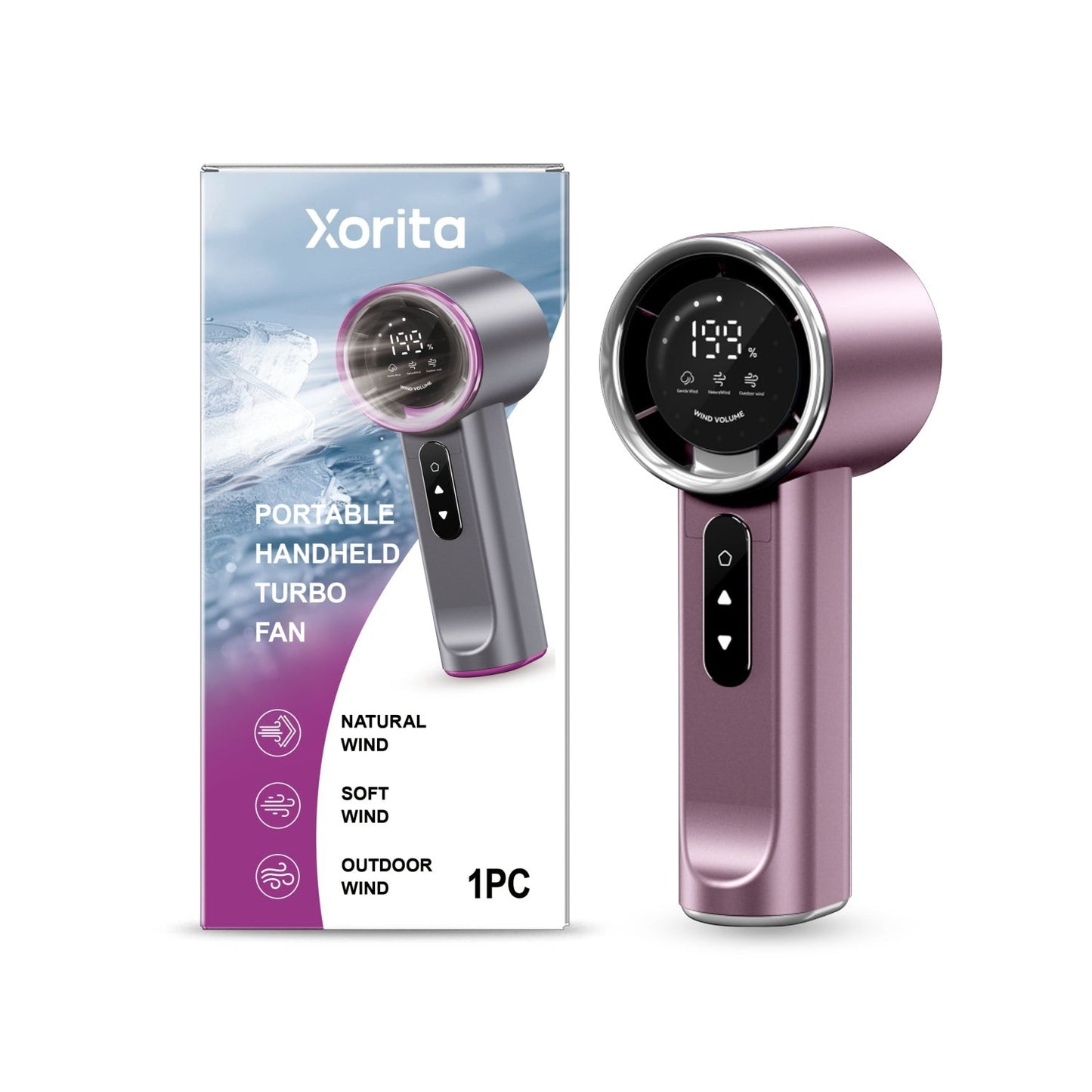 STREET STYLE portable handheld turbo fan in rose gold with digital display showing wind speed and three modes: natural, soft, and outdoor.