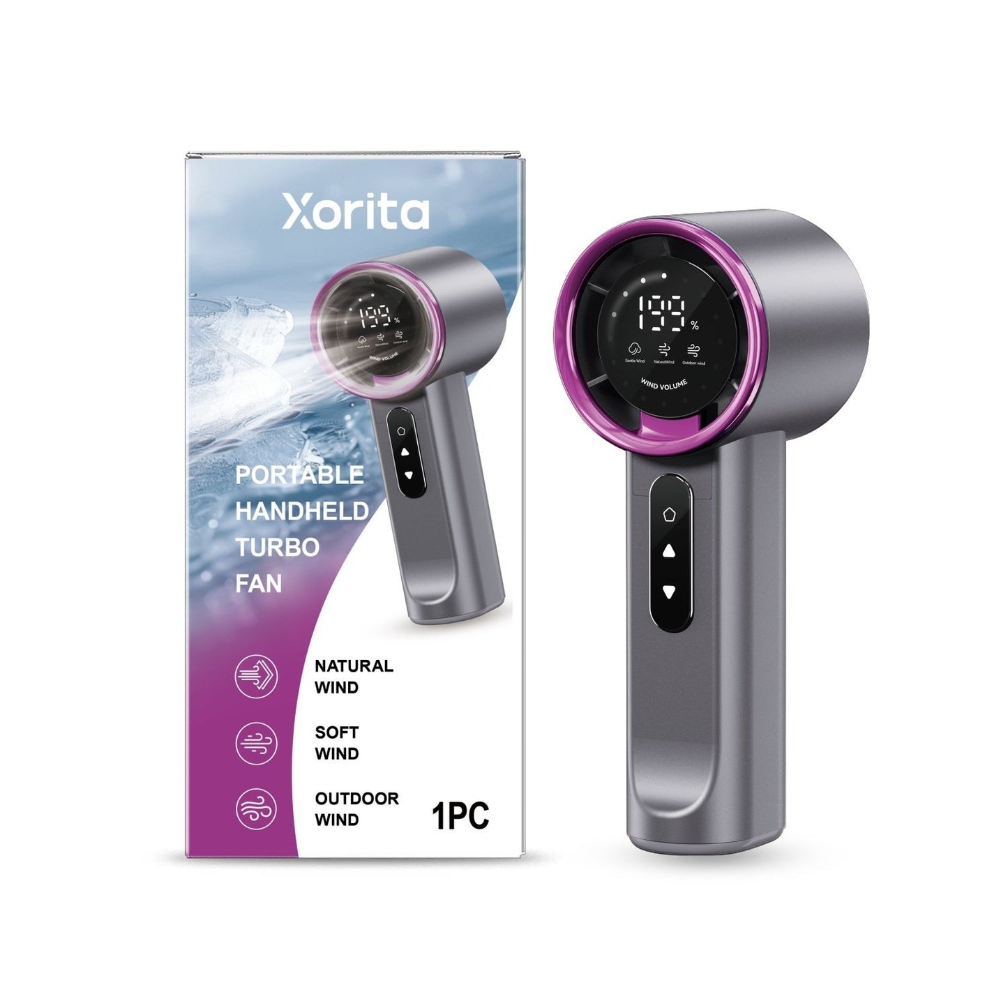 STREET STYLE portable handheld turbo fan in grey ABS with a purple accent ring and digital display showing wind settings.