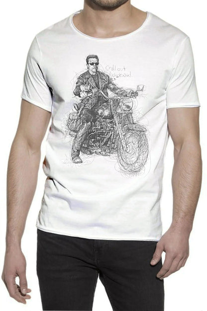 T-shirt bianca uomo cotone fiammato con stampa street style disegno motociclista