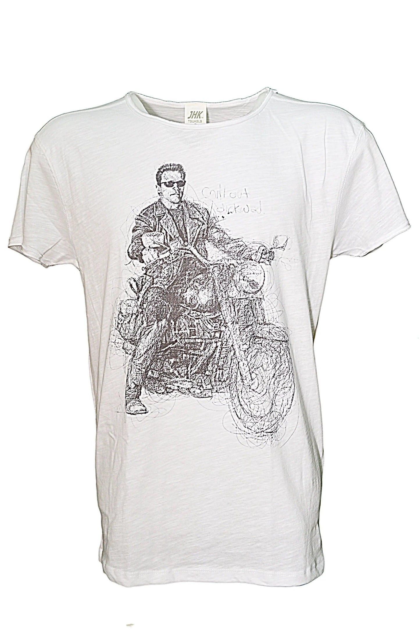 T-shirt bianca streetwear uomo in cotone fiammato con stampa urban di motociclista iconico.