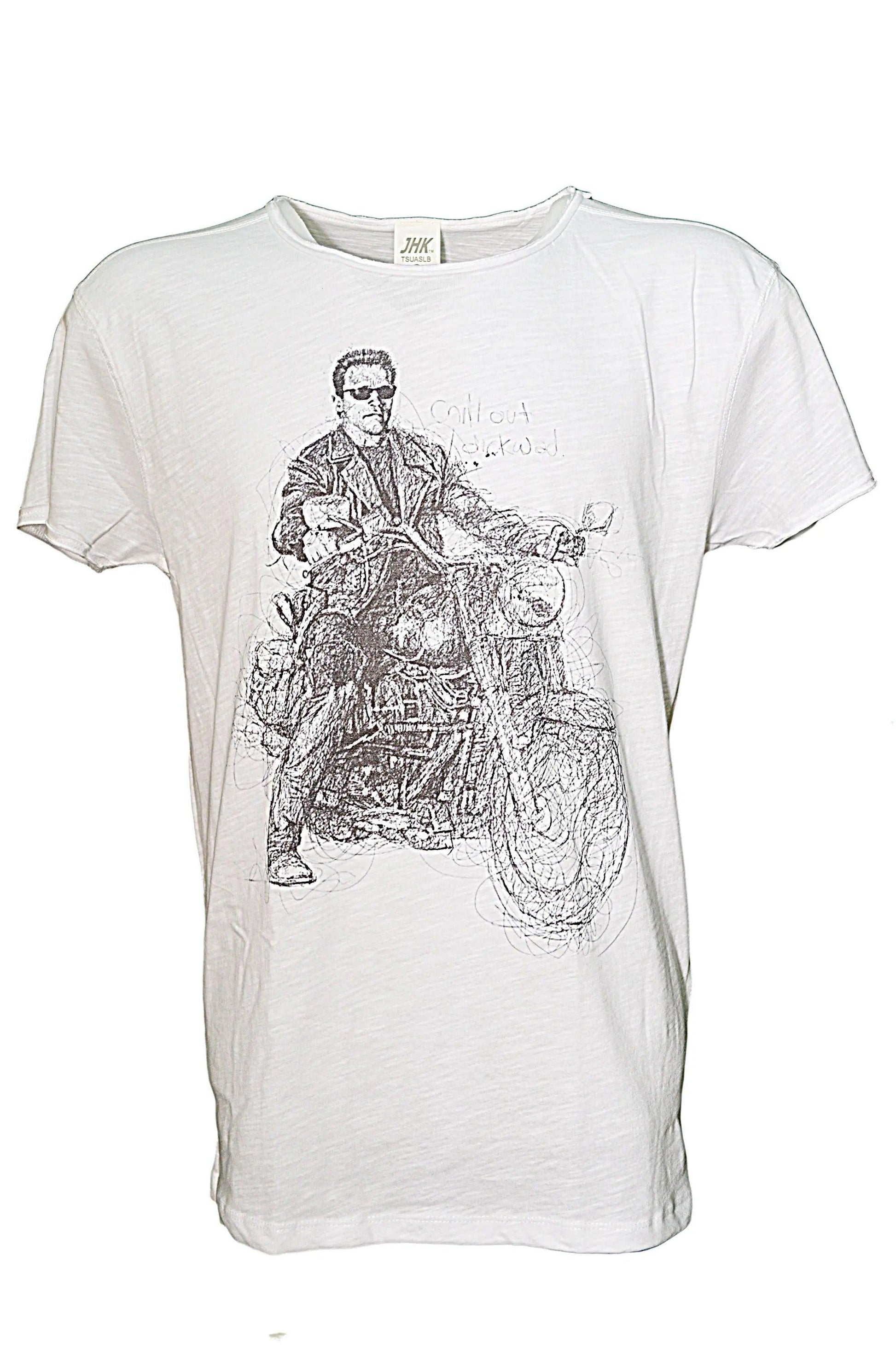 T-shirt bianca streetwear uomo in cotone fiammato con stampa urban di motociclista iconico.