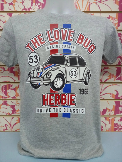 T-shirt streetwear grigia uomo in cotone con stampa Herbie, auto vintage e dettagli blu e rossi.