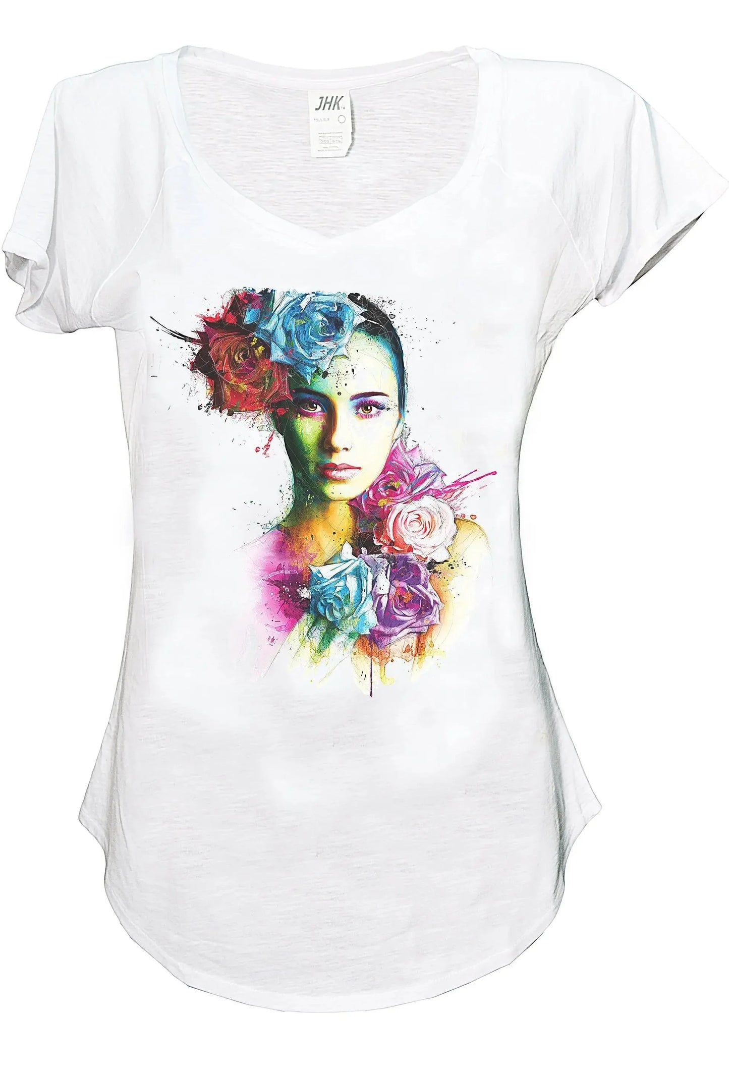 T-shirt streetwear bianca con stampa artistica di volto femminile e fiori colorati, moda urban