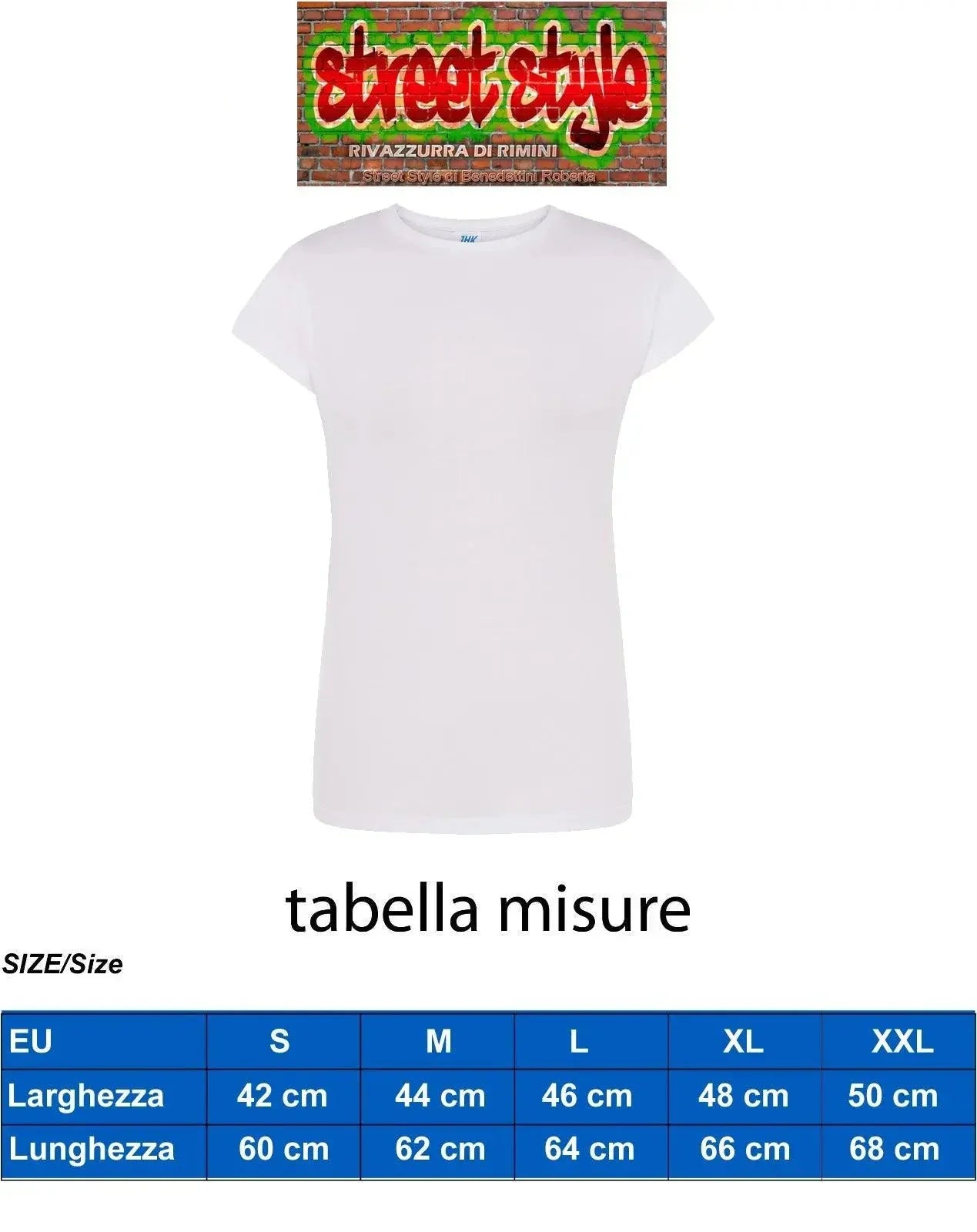 Maglietta donna bianca cotone streetwear, tabella taglie e logo Street Style Rimini