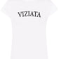 T-shirt donna bianca streetwear in cotone con scritta VIZIATA, stile urban casual.