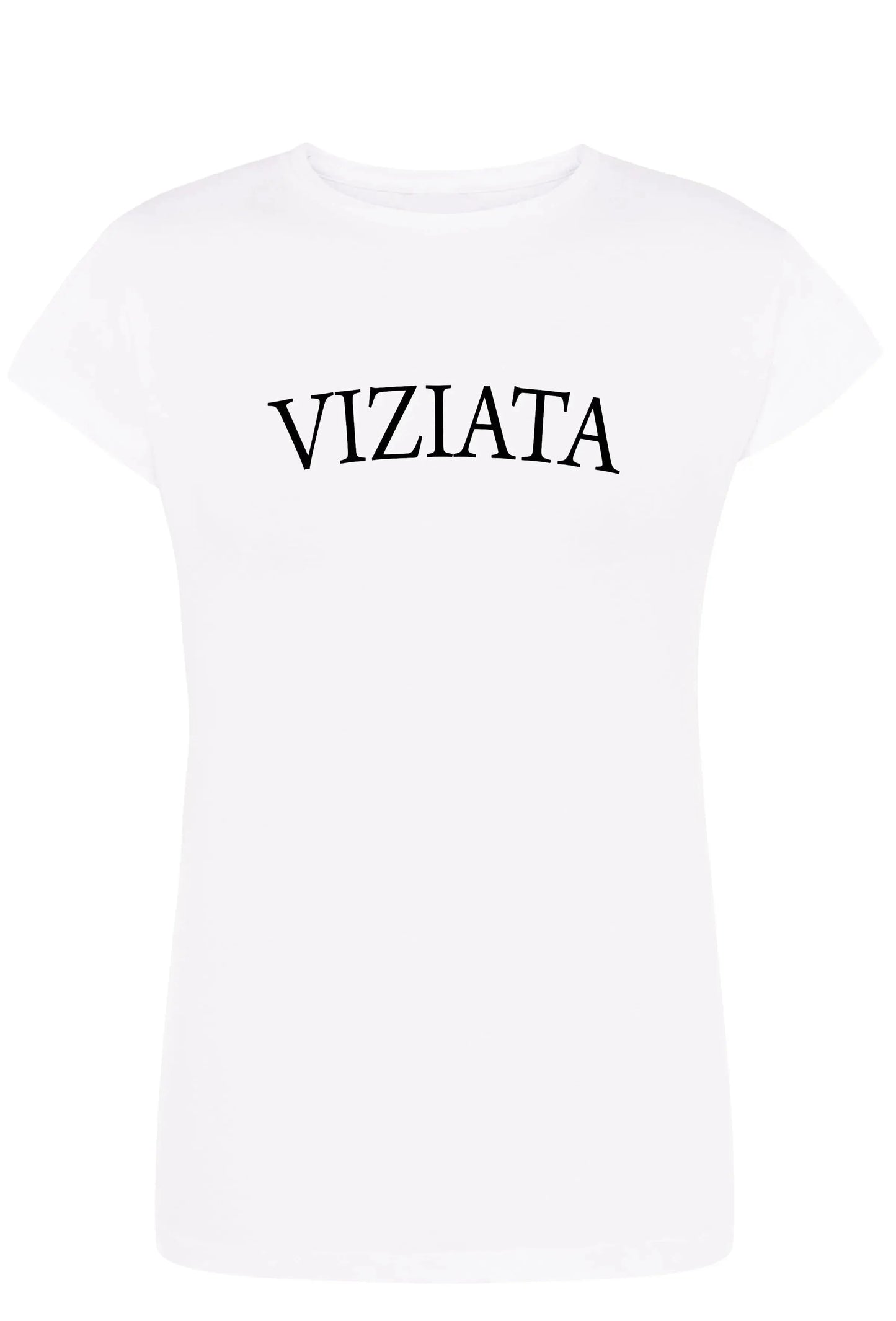 T-shirt donna bianca streetwear in cotone con scritta VIZIATA, stile urban casual.