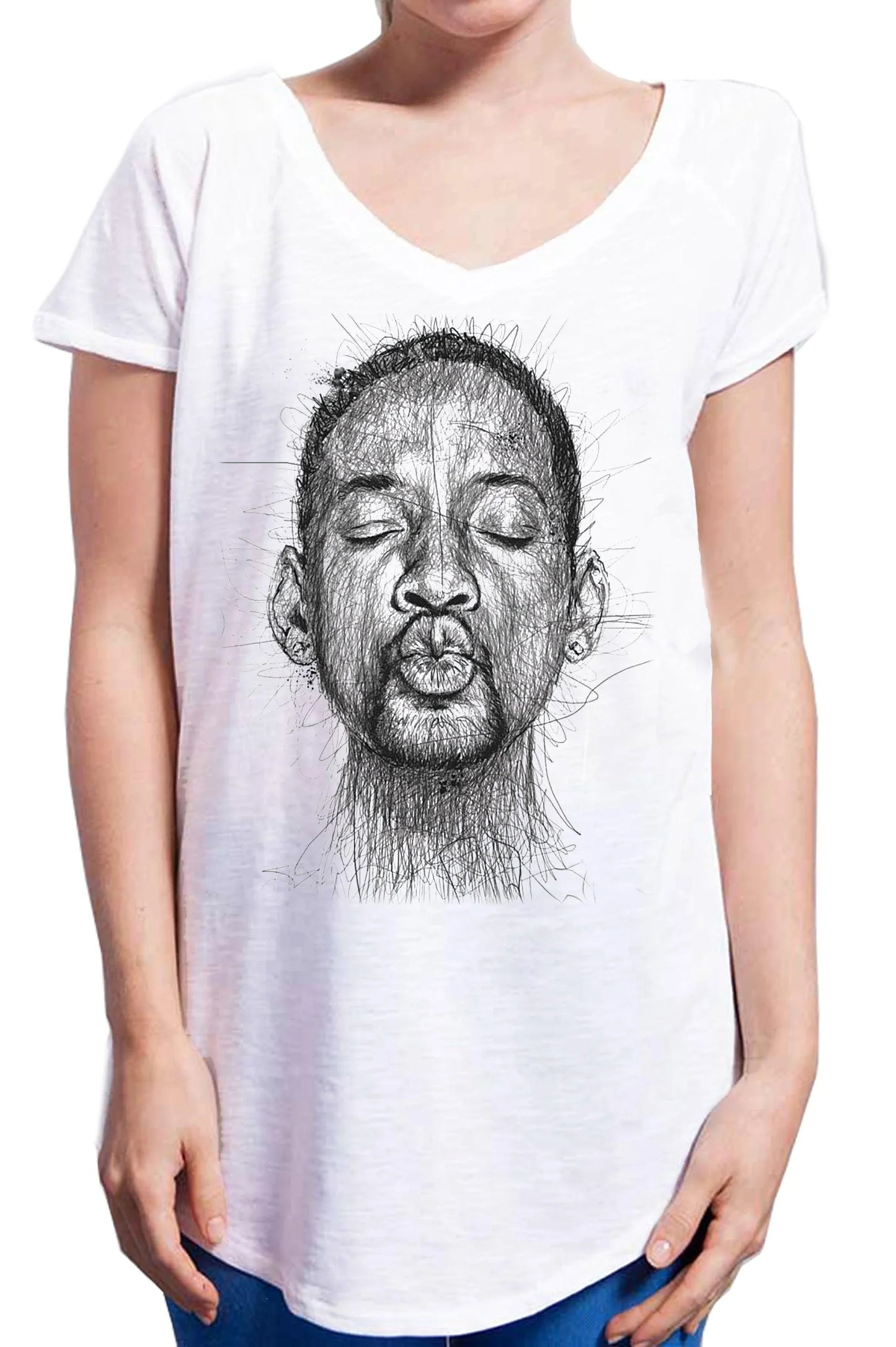 T-shirt donna bianca streetwear con disegno artistico volto uomo, stile urban street style