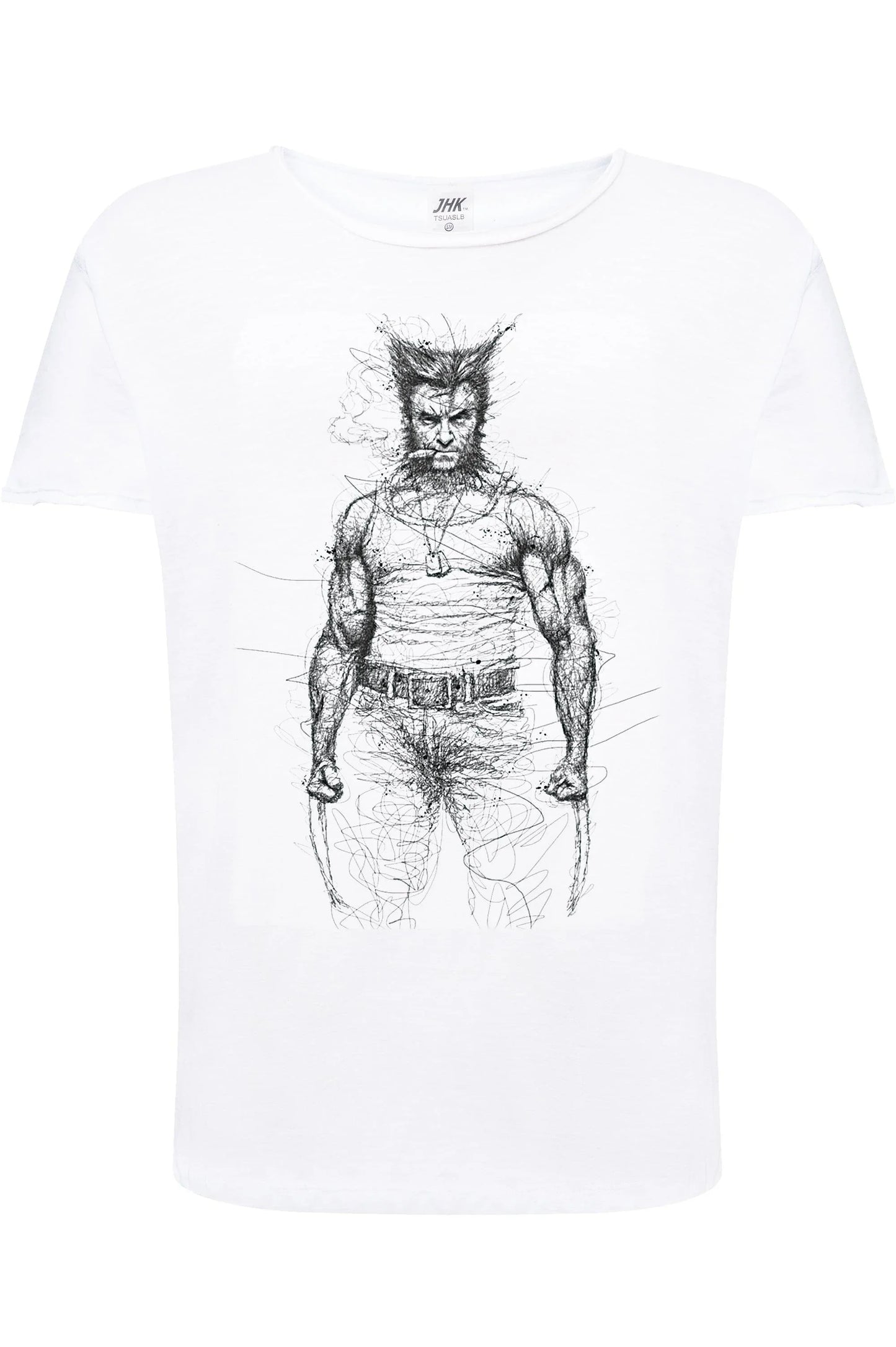 T-shirt bianca uomo streetwear con grafica artistica urban stile Wolverine, cotone fiammato