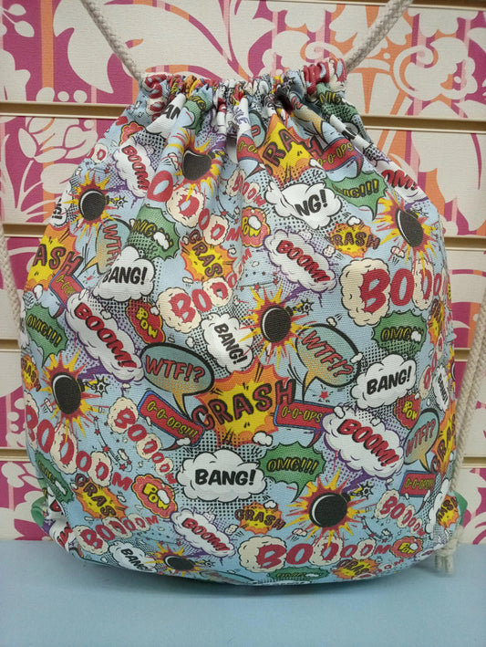 Zaino a sacca streetwear con stampa fumetti colorati, stile urban street style