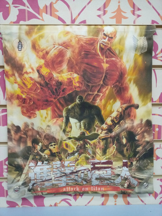 Zaino a sacca Attack on Titan street style con illustrazione anime, esposto su parete decorata
